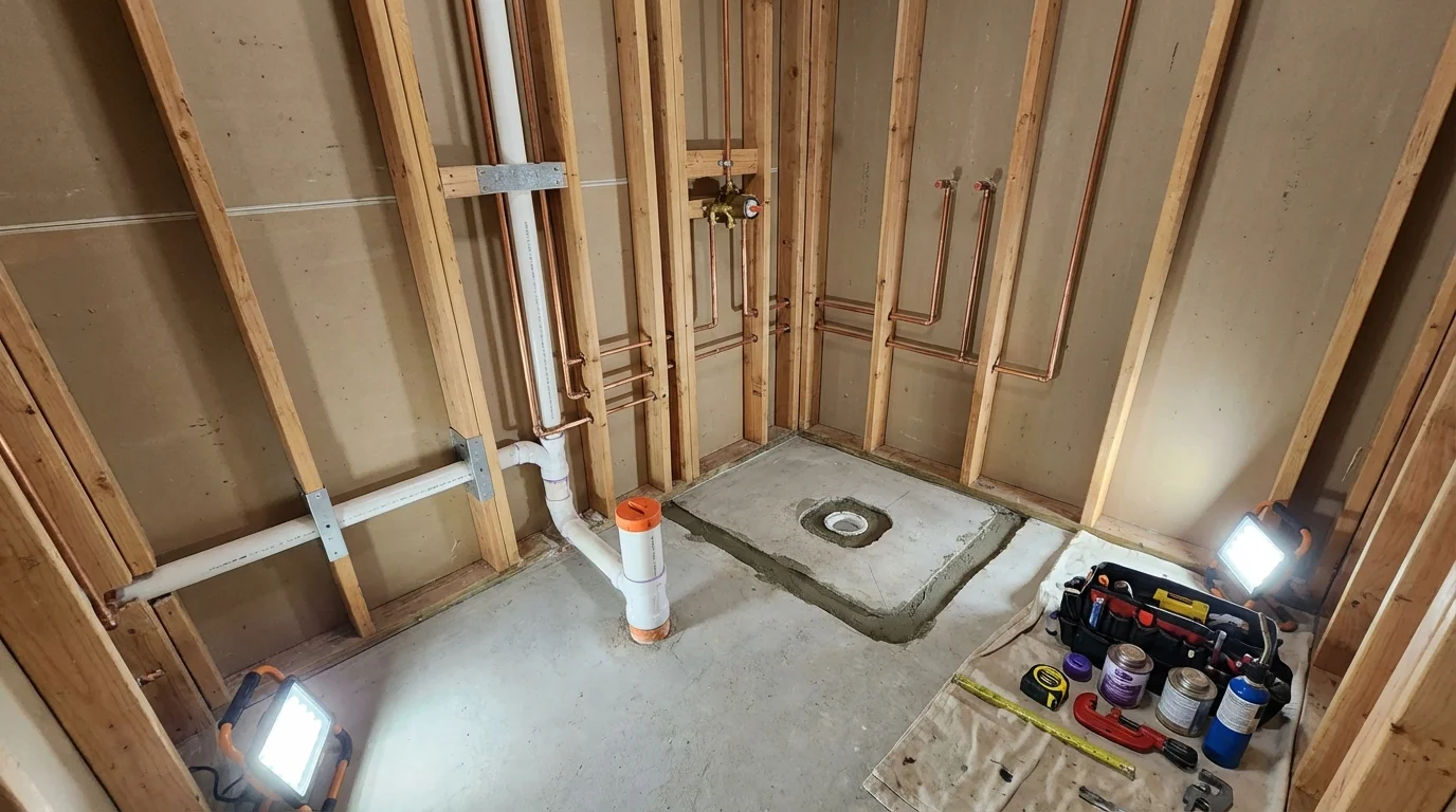 Bathroom rough-in plumbing during remodel by Johns Plumbing LLC in Forest Lake