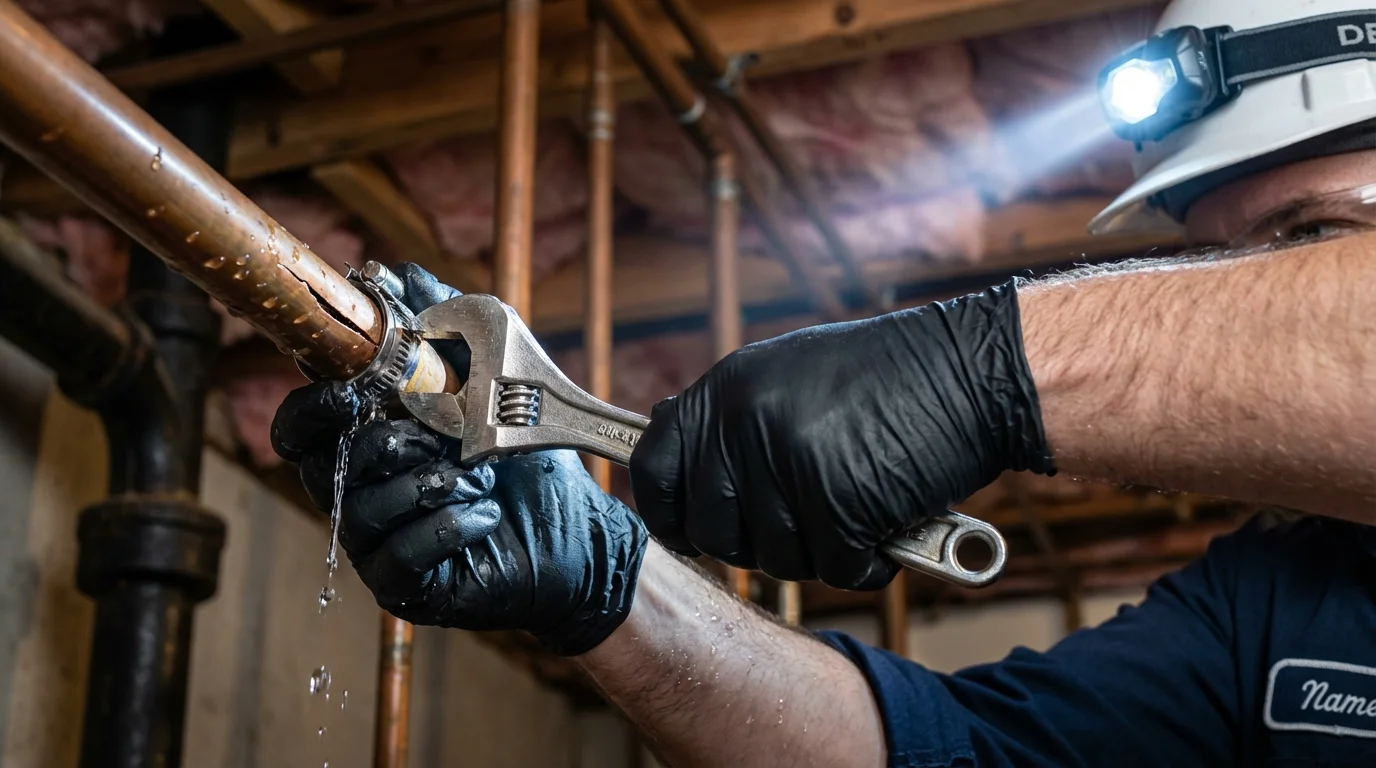 Emergency pipe clamp repair being performed by a Johns Plumbing LLC plumber in Forest Lake