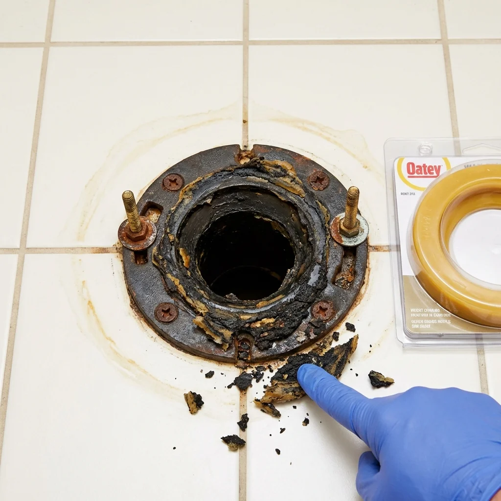 Failed wax ring showing water seepage at the base of a toilet in a Forest Lake, MN home