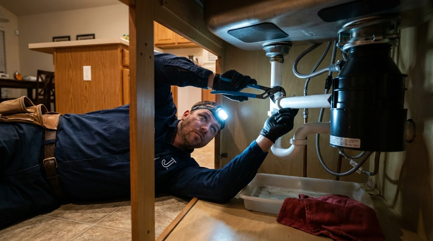 P-trap and supply line connections under a kitchen sink showing a common leak point in Forest Lake, MN